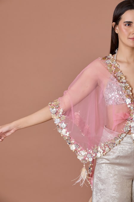 Dilnaz_Pink Net Embellished Sequin V-neck Rose Kaftan _Online_at_Aza_Fashions