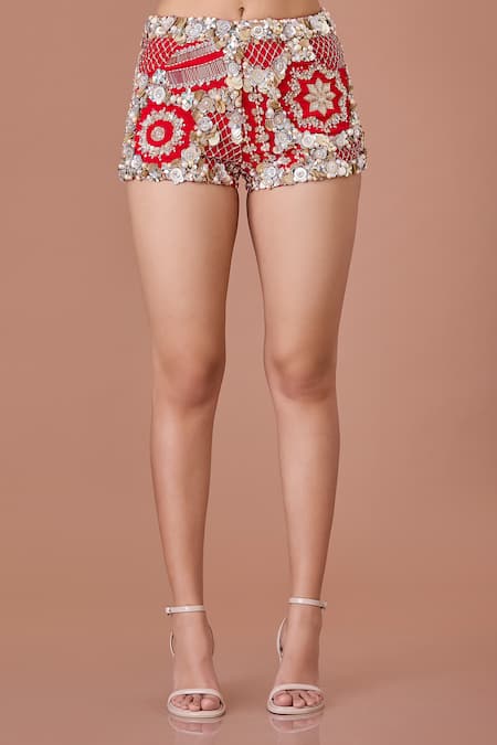 Shop Dilnaz Red Power Net Embellished Bead Floral Star Shorts at Aza Fashions Shop_Dilnaz_Red Power Net Embellished Bead Floral Star Shorts_at_Aza_Fashions