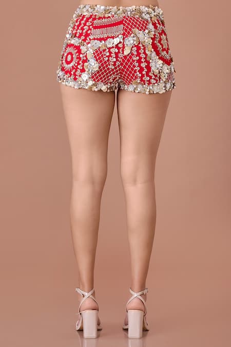 Dilnaz Red Power Net Embellished Bead Floral Star Shorts Online at Aza Fashions Dilnaz_Red Power Net Embellished Bead Floral Star Shorts_Online_at_Aza_Fashions