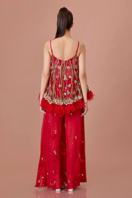 Shop_Dilnaz_Red Blended Georgette Embellished Bead Slit Sharara With_at_Aza_Fashions
