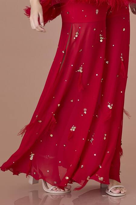 Dilnaz_Red Blended Georgette Embellished Bead Slit Sharara With_Online_at_Aza_Fashions