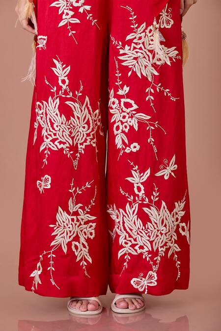 Dilnaz Red Blended Linen Embroidered Gara Flared Trouser Online at Aza Fashions Dilnaz_Red Blended Linen Embroidered Gara Flared Trouser_Online_at_Aza_Fashions