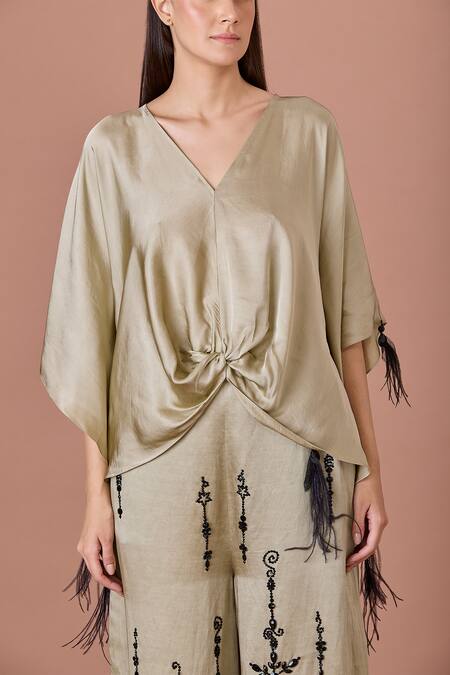 Dilnaz_Green Blended Satin Embellished Tassels V-neck Kaftan Top _Online_at_Aza_Fashions