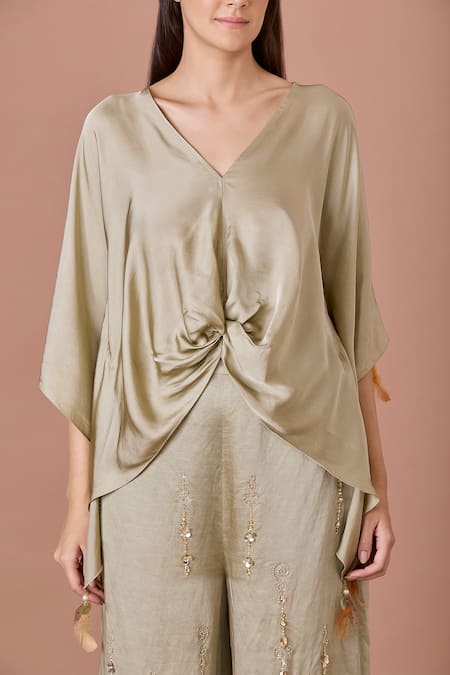 Dilnaz_Green Blended Satin Embellished Tassels V-neck Kaftan Top_Online_at_Aza_Fashions