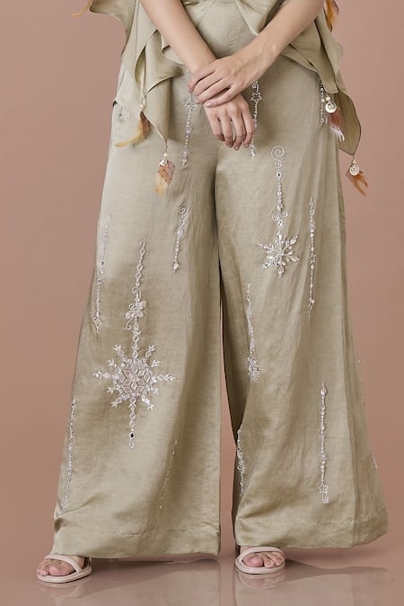 Dilnaz Green Blended Linen Embellished Crystal Flared Trouser Online at Aza Fashions Dilnaz_Green Blended Linen Embellished Crystal Flared Trouser_Online_at_Aza_Fashions