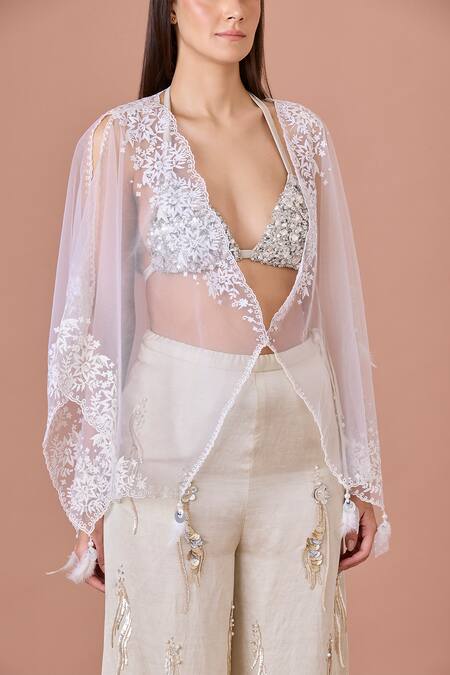 Dilnaz_Ivory Net Embroidered Thread V-neck Sheer Kaftan Top _Online_at_Aza_Fashions
