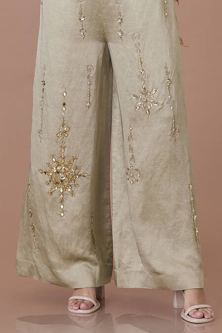 Dilnaz Green Blended Linen Embellished Crystal Snowflake Flared Trouser Online at Aza Fashions Dilnaz_Green Blended Linen Embellished Crystal Snowflake Flared Trouser_Online_at_Aza_Fashions