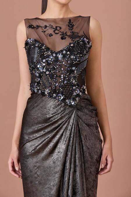 Dilnaz Black Net, Satin Crystals, Sequins, Beads Open Neck Embellished Draped Gown Online at Aza Fashions Dilnaz_Black Net, Satin Crystals, Sequins, Beads Open Neck Embellished Draped Gown_Online_at_Aza_Fashions