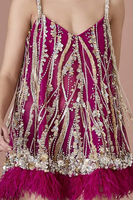 Dilnaz Magenta Net, Satin Pearls, Sequins, Feathers, Beads Wave Embellished Dress Online at Aza Fashions Dilnaz_Magenta Net, Satin Pearls, Sequins, Feathers, Beads Wave Embellished Dress_Online_at_Aza_Fashions