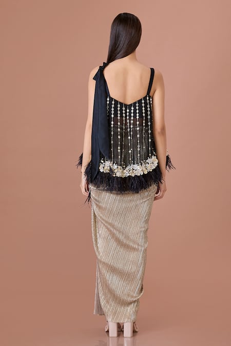 Shop_Dilnaz_Black Net Embellished Feather Sweetheart Mirror Tie-up Top _at_Aza_Fashions