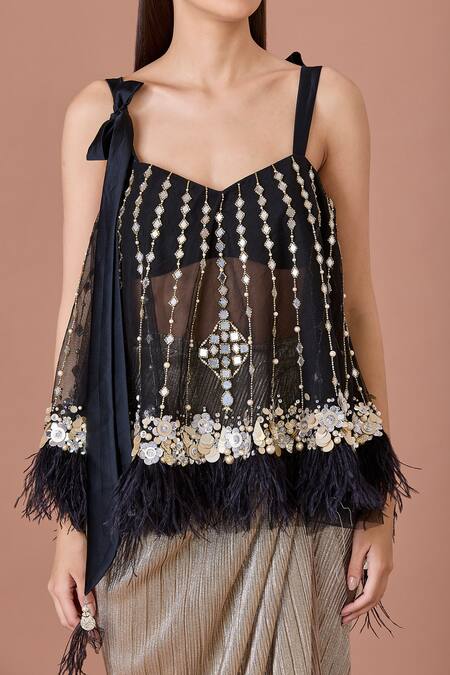 Dilnaz_Black Net Embellished Feather Sweetheart Mirror Tie-up Top _Online_at_Aza_Fashions