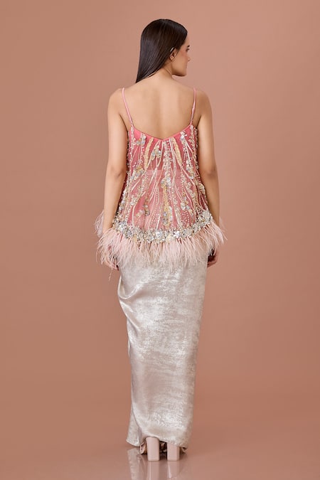 Shop_Dilnaz_Pink And Power Embellished Feather Sweetheart Pearl & Sequin Top _at_Aza_Fashions