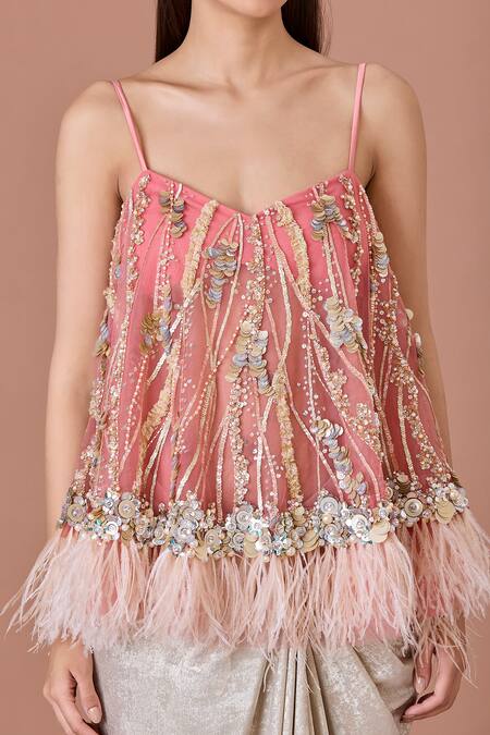 Dilnaz_Pink And Power Embellished Feather Sweetheart Pearl & Sequin Top _Online_at_Aza_Fashions