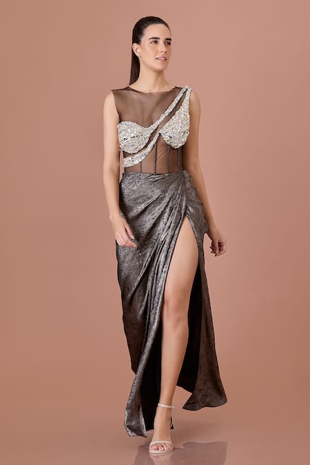 DILNAZ Crystal Embellished Sheer Draped Gown 