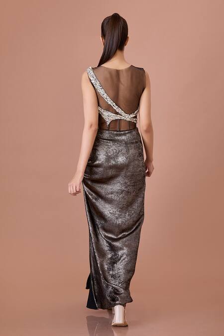 Shop Dilnaz Black Net, Satin Crystals, Sequins, Beads Open Neck Embellished Draped Gown at Aza Fashions Shop_Dilnaz_Black Net, Satin Crystals, Sequins, Beads Open Neck Embellished Draped Gown_at_Aza_Fashions