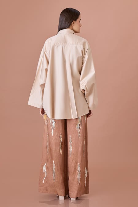 Shop_Dilnaz_Beige Blended Cotton Embellished Crystal Shirt Collar Sequin Wave _at_Aza_Fashions