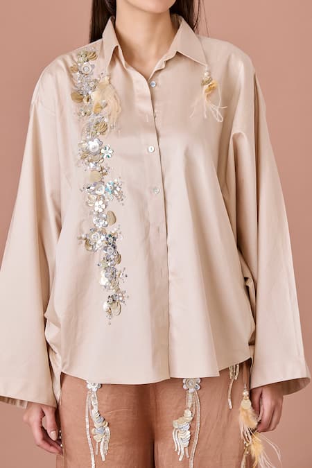 Dilnaz_Beige Blended Cotton Embellished Crystal Shirt Collar Sequin Wave _Online_at_Aza_Fashions