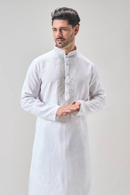 Arihant Rai Sinha_Off White Cotton, Linen Embroidery Bloom Placket Kurta Set_Online_at_Aza_Fashions