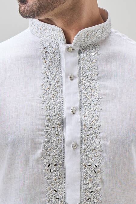 Buy_Arihant Rai Sinha_Off White Cotton, Linen Embroidery Bloom Placket Kurta Set_Online_at_Aza_Fashions