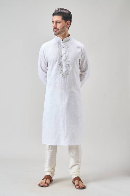 Shop_Arihant Rai Sinha_Off White Cotton, Linen Embroidery Bloom Placket Kurta Set_Online_at_Aza_Fashions
