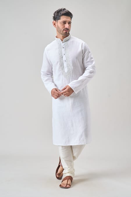 Arihant Rai Sinha_Off White Cotton, Linen Embroidery Bloom Placket Kurta Set_at_Aza_Fashions