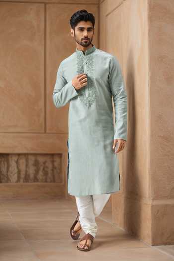 Emerald Green Art Silk Kurta for Men with Golden Embroidered Placket Festive & Wedding Wear main image 1
