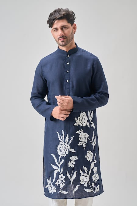 Buy_Arihant Rai Sinha_Blue Cotton, Linen Embroidery Aari Floret Bloom Kurta Set _Online_at_Aza_Fashions