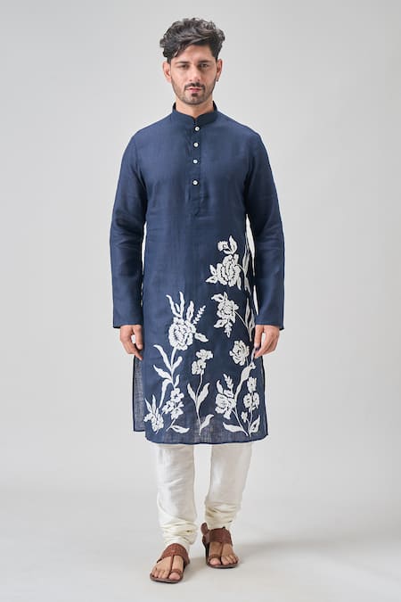 Shop_Arihant Rai Sinha_Blue Cotton, Linen Embroidery Aari Floret Bloom Kurta Set _Online_at_Aza_Fashions
