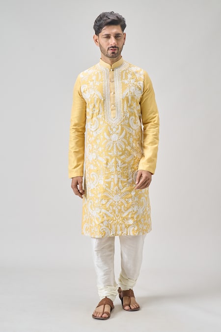 Buy_Arihant Rai Sinha_Yellow Polyester, Chanderi Embroidery Floral Thread Kurta Set _Online_at_Aza_Fashions