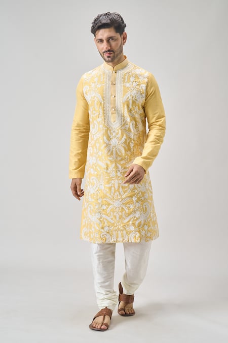 Shop_Arihant Rai Sinha_Yellow Polyester, Chanderi Embroidery Floral Thread Kurta Set _Online_at_Aza_Fashions