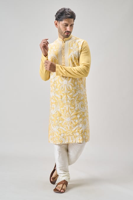 Arihant Rai Sinha_Yellow Polyester, Chanderi Embroidery Floral Thread Kurta Set _at_Aza_Fashions