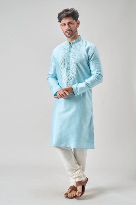 Arihant Rai Sinha_Blue Polyester, Chanderi Mirrors Paisley Thread Embroidered Kurta Set _Online_at_Aza_Fashions