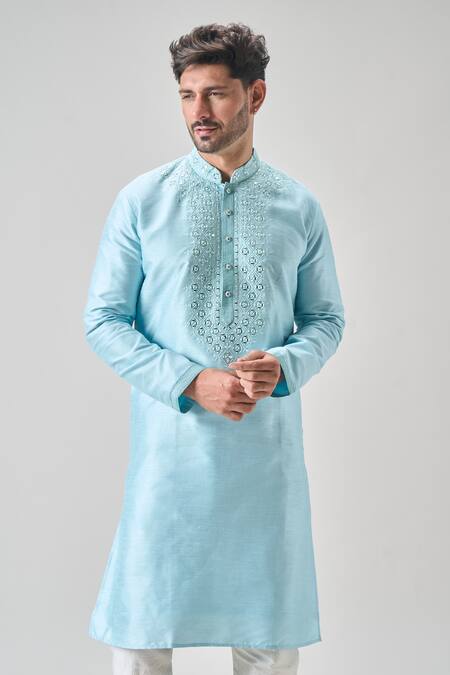 Buy_Arihant Rai Sinha_Blue Polyester, Chanderi Mirrors Paisley Thread Embroidered Kurta Set _Online_at_Aza_Fashions