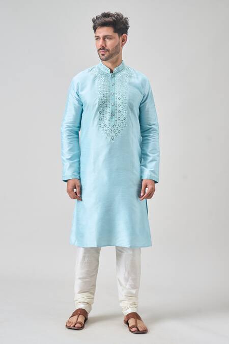 Shop_Arihant Rai Sinha_Blue Polyester, Chanderi Mirrors Paisley Thread Embroidered Kurta Set _Online_at_Aza_Fashions