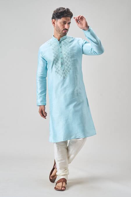 Arihant Rai Sinha_Blue Polyester, Chanderi Mirrors Paisley Thread Embroidered Kurta Set _at_Aza_Fashions