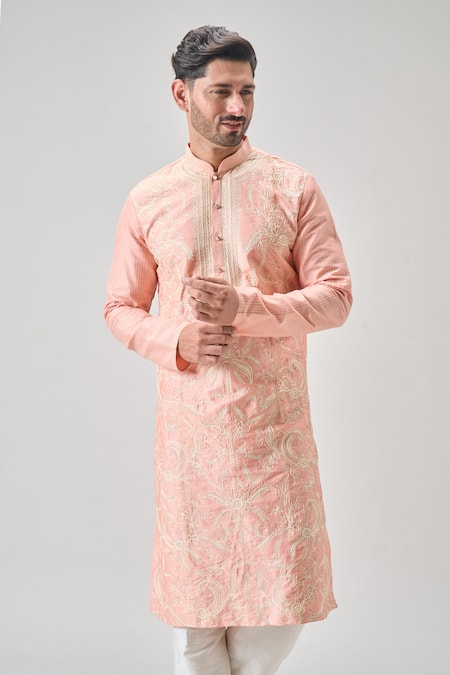 Arihant Rai Sinha_Pink Polyester, Silk, Chanderi Embroidery Thread Kurta And Churidar Set_Online_at_Aza_Fashions