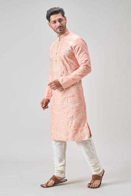 Shop_Arihant Rai Sinha_Pink Polyester, Silk, Chanderi Embroidery Thread Kurta And Churidar Set_Online_at_Aza_Fashions