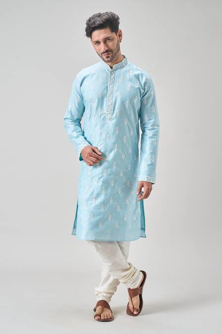 Buy_Arihant Rai Sinha_Blue Polyester, Chanderi Embroidery Floral Thread Kurta Set _Online_at_Aza_Fashions