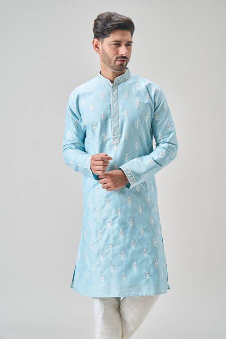 Shop_Arihant Rai Sinha_Blue Polyester, Chanderi Embroidery Floral Thread Kurta Set _Online_at_Aza_Fashions