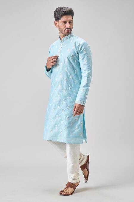 Arihant Rai Sinha_Blue Polyester, Chanderi Embroidery Floral Thread Kurta Set _at_Aza_Fashions