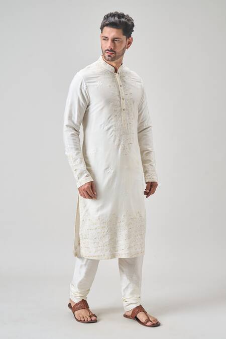 Shop Arihant Rai Sinha Cream Polyester, Chanderi Silk Embroidery Kurta Set Online at Aza Fashions Shop_Arihant Rai Sinha_Cream Polyester, Chanderi Silk Embroidery Kurta Set _Online_at_Aza_Fashions