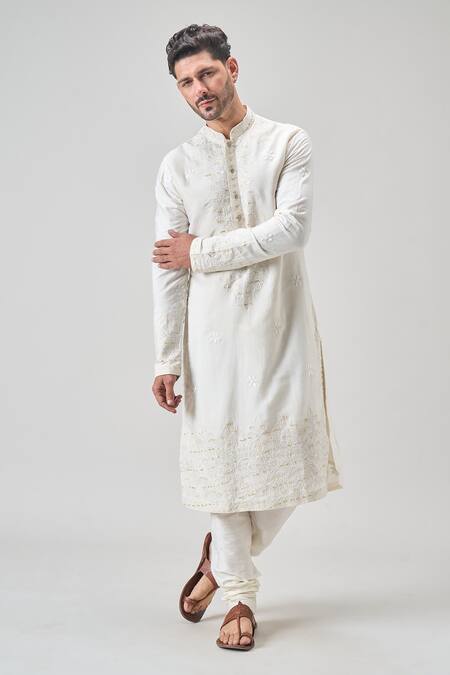 Arihant Rai Sinha Cream Polyester, Chanderi Silk Embroidery Kurta Set at Aza Fashions Arihant Rai Sinha_Cream Polyester, Chanderi Silk Embroidery Kurta Set _at_Aza_Fashions