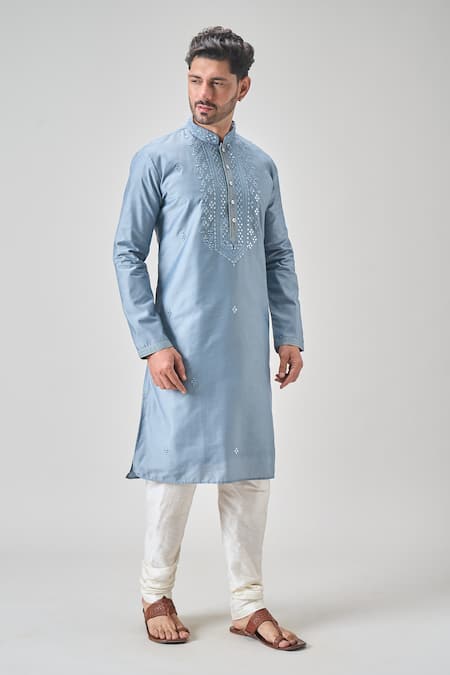 Shop_Arihant Rai Sinha_Gray Polyester, Chanderi Mirrors Embroidered Kurta Set _Online_at_Aza_Fashions