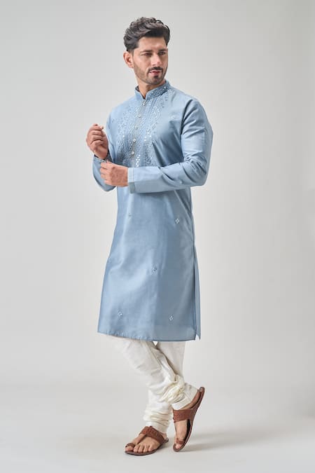Arihant Rai Sinha_Gray Polyester, Chanderi Mirrors Embroidered Kurta Set _at_Aza_Fashions