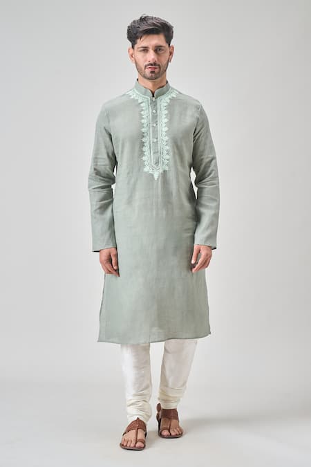 Arihant Rai Sinha Green Linen, Cotton Embroidery Thread Kurta Set at Aza Fashions Arihant Rai Sinha_Green Linen, Cotton Embroidery Thread Kurta Set_at_Aza_Fashions