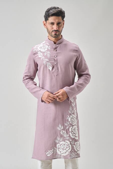 Buy_Arihant Rai Sinha_Pink Linen, Cotton Embroidery Rose Kurta Set _Online_at_Aza_Fashions
