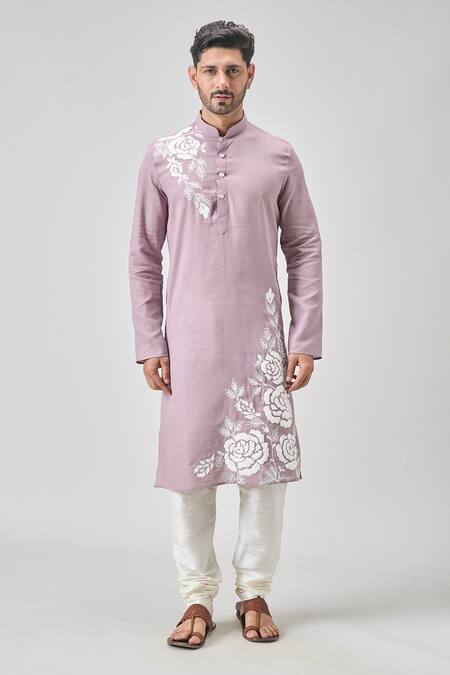 Shop_Arihant Rai Sinha_Pink Linen, Cotton Embroidery Rose Kurta Set _Online_at_Aza_Fashions