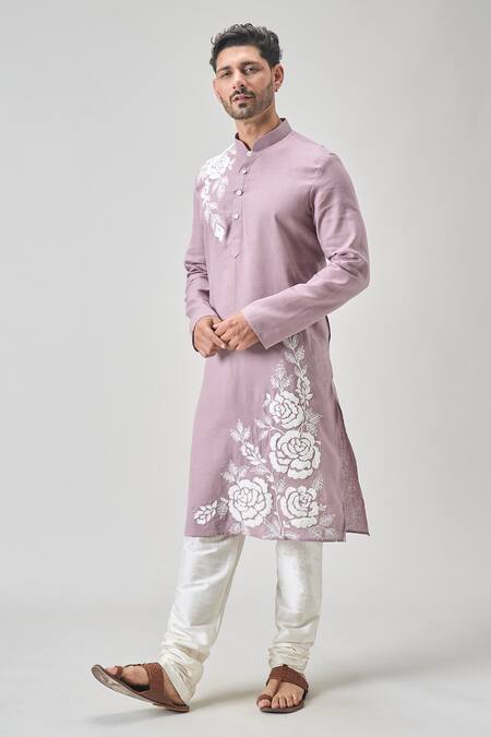 Arihant Rai Sinha_Pink Linen, Cotton Embroidery Rose Kurta Set _at_Aza_Fashions