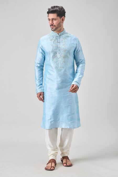 Shop Arihant Rai Sinha Blue Silk Embroidery Floral Thread Kurta Set Online at Aza Fashions Shop_Arihant Rai Sinha_Blue Silk Embroidery Floral Thread Kurta Set _Online_at_Aza_Fashions