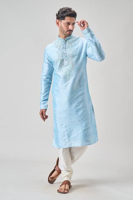 Arihant Rai Sinha Blue Silk Embroidery Floral Thread Kurta Set at Aza Fashions Arihant Rai Sinha_Blue Silk Embroidery Floral Thread Kurta Set _at_Aza_Fashions
